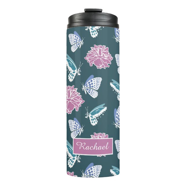 Blaue Schmetterlinge und rosa Rosen Personalisiert Thermosbecher (Vorderseite)