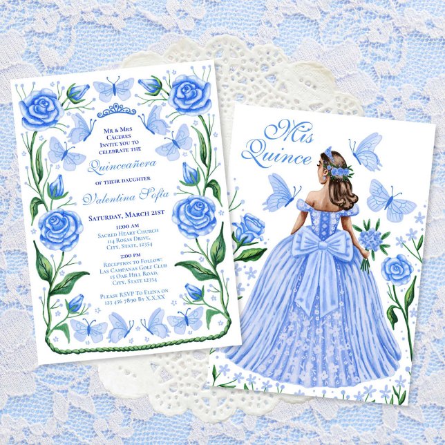 Blaue Schmetterlinge und Rose Prinzessin Quinceane Einladung (Blue Butterflies and Roses Princess Quinceanera Invitation)
