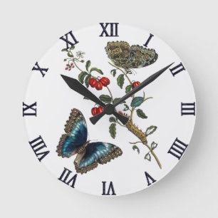 Blaue Schmetterlinge und rote Früchte Runde Wanduhr