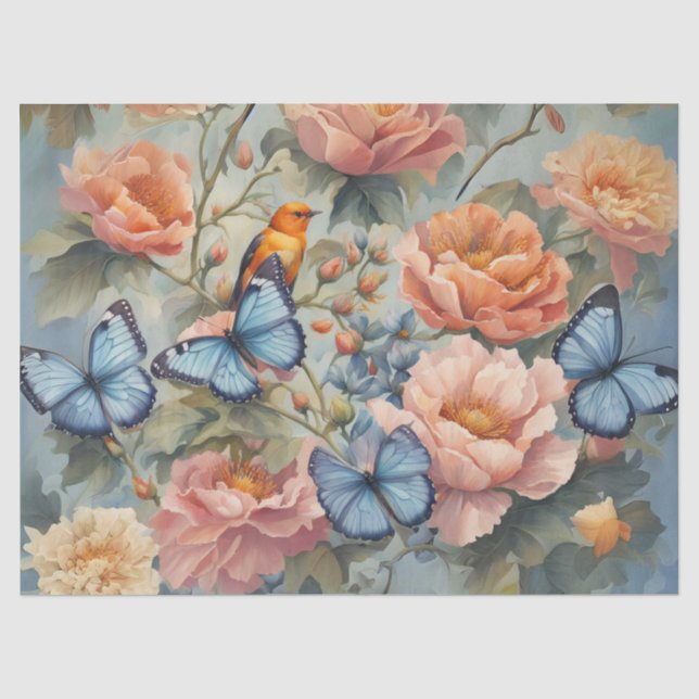 Blaue Schmetterlinge und Vögel im Blumengarten Seidenpapier (Vorderseite)