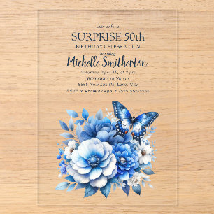 Blaue Schmetterlingsblumen Überraschen zum 50. Geb Acryleinladungen