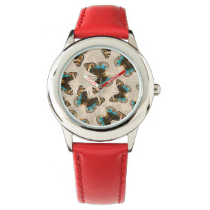 Blaue Schmetterlingsmuster auf weißem Boden Armbanduhr