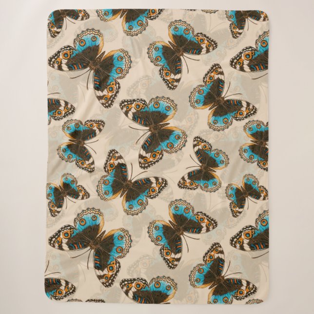 Blaue Schmetterlingsmuster auf weißem Boden Sherpadecke (Vorderseite)