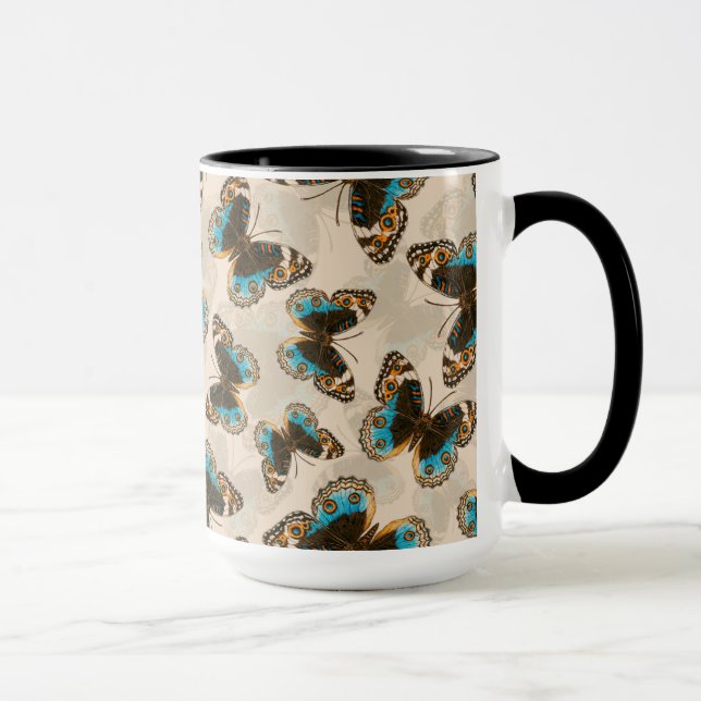 Blaue Schmetterlingsmuster auf weißem Boden Tasse (Rechts)