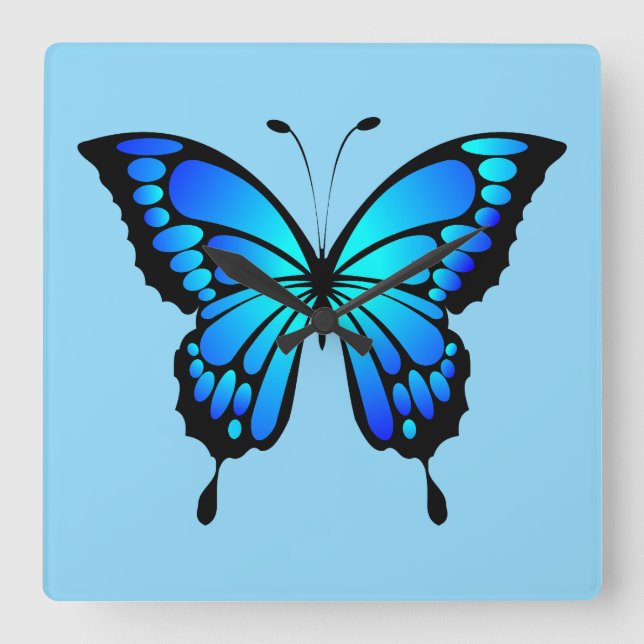 Blaue Schmetterlingsuhr Quadratische Wanduhr (Vorderseite)