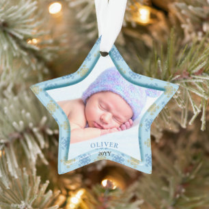 Blaue Schneeblume Baby's erstes Weihnachtsfoto-Sta Ornament