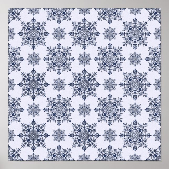 Blaue Schneeflocke Damastmuster Poster (Vorne)