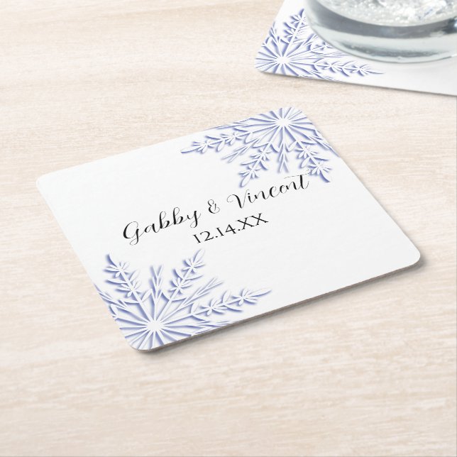 Blaue Schneeflocken bei der Winterhochzeit Rechteckiger Pappuntersetzer (angewinkelt)