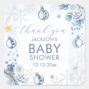 Blaue Schneeflocken-Blumen-Winter-Baby-Party Quadratischer Aufkleber