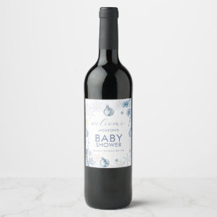 Blaue Schneeflocken-Blumen-Winter-Baby-Shower-Will Weinetikett