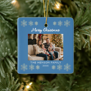 Blaue-Schneeflocken-Familienfoto-Weihnachtsbaumanh Keramikornament