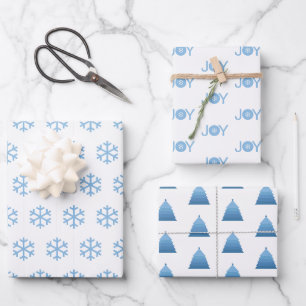 Blaue Schneeflocken, Freude und Weihnachtsbaum-Mus Geschenkpapier Set