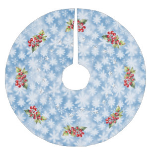 Blaue Schneeflocken mit roten Beeren und Sternen W Polyester Weihnachtsbaumdecke