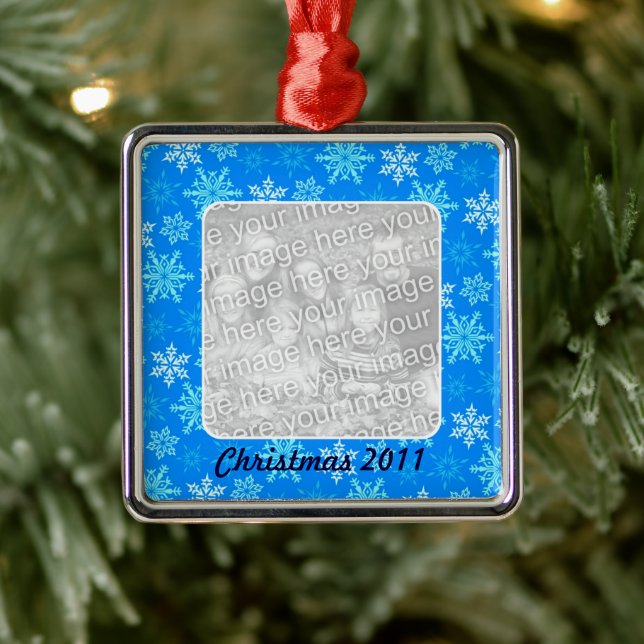 Blaue Schneeflocken Muster Personalisiertes Foto Silbernes Ornament (Baum)