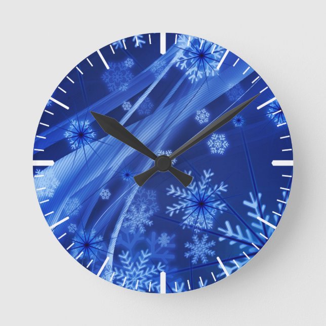 Blaue Schneeflocken Runde Wanduhr (Vorderseite)