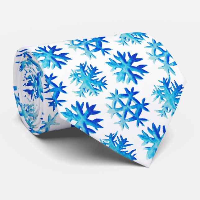 Blaue Schneeflocken Winter Wasserfarbe Kunst, Dich Krawatte (Gerollt)