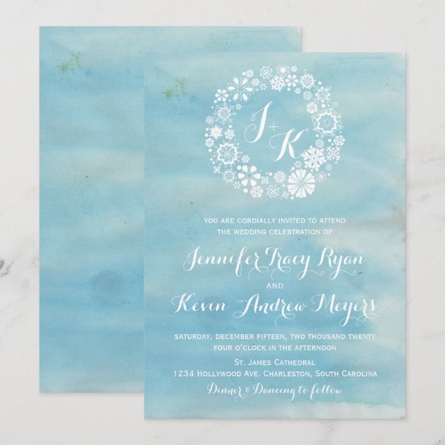 Blaue Schneeflocken Wreath Wedding I Einladung (Vorne/Hinten)