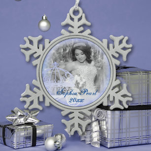 Blaue Schneekristall-Weihnachts-Foto-Ornament Schneeflocken Zinn-Ornament