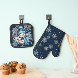 Blaue Schneemann-Ofenhandschuhe und Topflappen Ofenhandschuh & Topflappen-Set