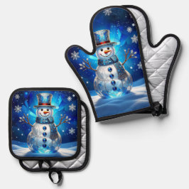 Blaue Schneemann-Schneeflocken Ofenhandschuh & Topflappen-Set