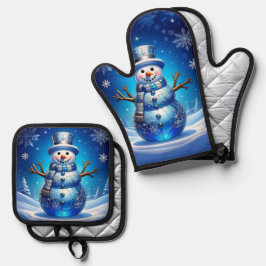 Blaue Schneemann-Schneeflocken Ofenhandschuh & Topflappen-Set