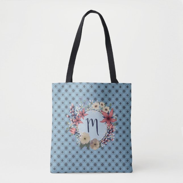 Blaue Schönheit | Floral Monogramm Wreath Tasche (Vorderseite)