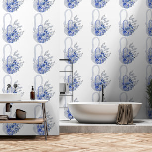 Blaue Schwan-Wasserfarben-Kunst Tapete