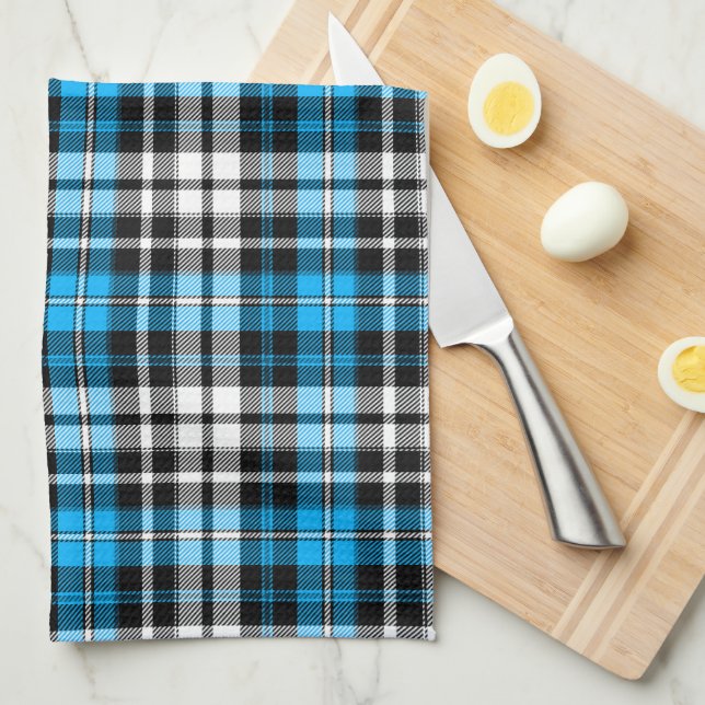 Blaue Schwarz-Weiß-Karierte Tartan-Muster-Design  Geschirrtuch (Viertel Falte)