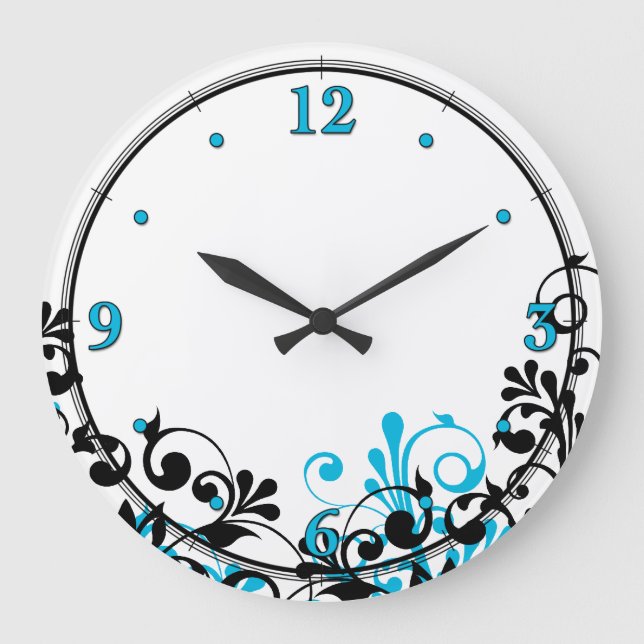 Blaue Schwarz-weiße Blumenwand-Neonuhr Große Wanduhr (Vorderseite)