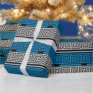 Blaue Schwarz-Weiße Griechische Schlüssel-Fretten- Geschenkpapier