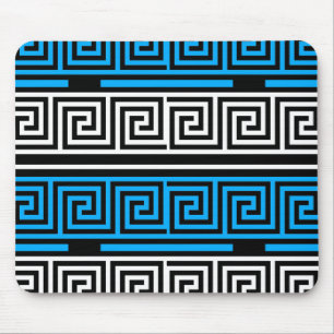 Blaue Schwarz-Weiße Griechische Schlüssel-Fretten- Mousepad