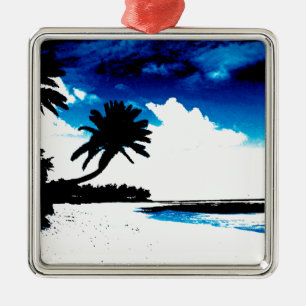 Blaue Schwarz-weiße Palme Silhouette Ornament Aus Metall