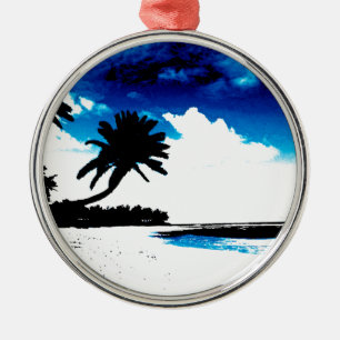 Blaue Schwarz-weiße Palme Silhouette Ornament Aus Metall