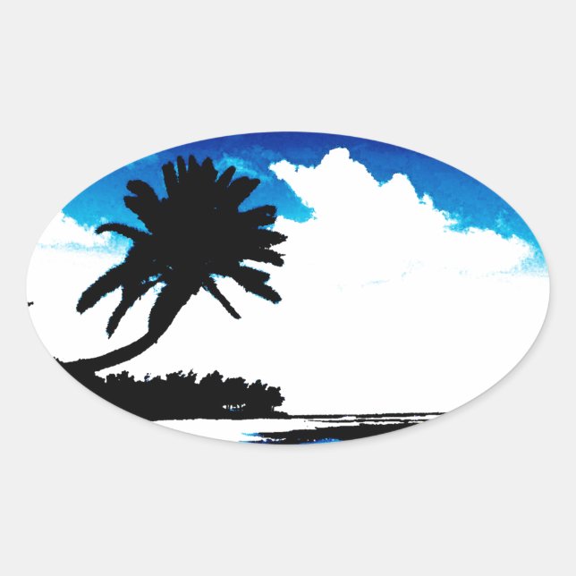 Blaue Schwarz-weiße Palme Silhouette Ovaler Aufkleber (Vorderseite)