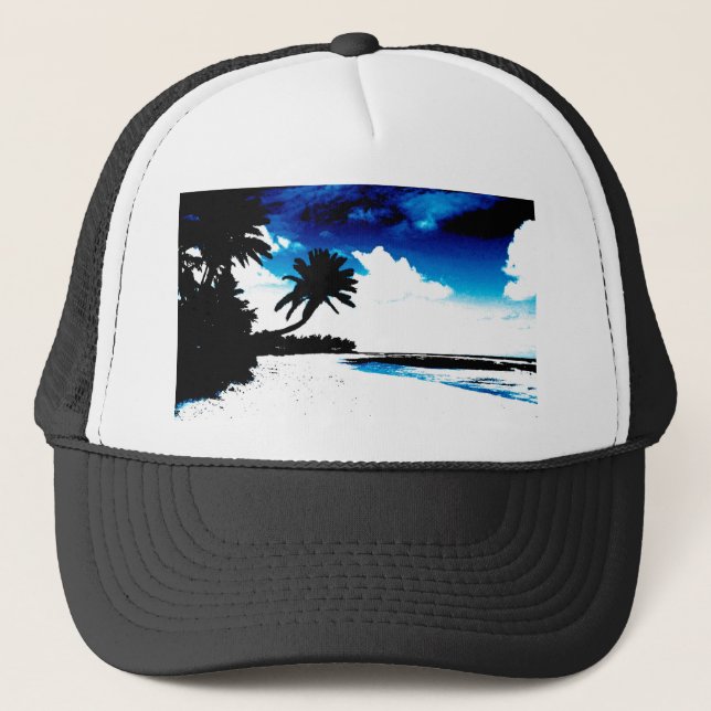 Blaue Schwarz-weiße Palme Silhouette Truckerkappe (Vorderseite)