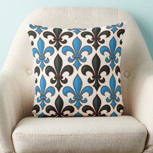Blaue schwarze Barock-Fleur-de-lis-Musterdesign Kissen