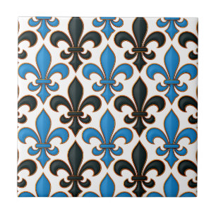 Blaue schwarze barocke Fleur-de-lis-Musterdesign Fliese