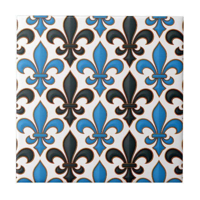 Blaue schwarze barocke Fleur-de-lis-Musterdesign  Fliese (Vorderseite)