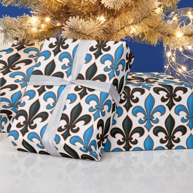 Blaue schwarze barocke Fleur-de-lis-Musterdesign  Geschenkpapier (Von Creator hochgeladen)