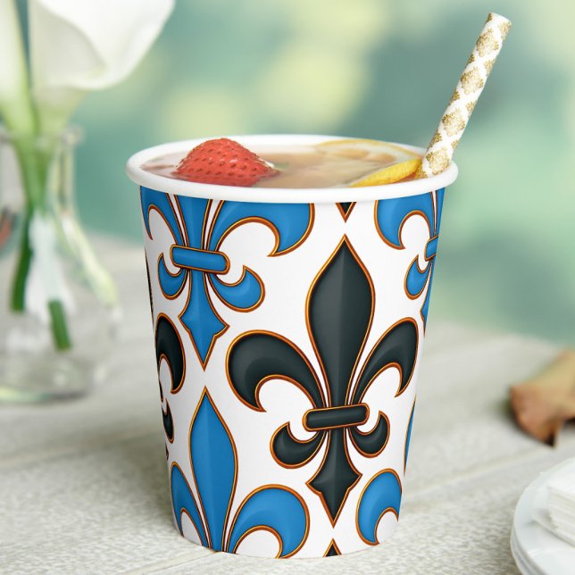 Blaue schwarze barocke Fleur-de-lis-Musterdesign  Pappbecher (Von Creator hochgeladen)