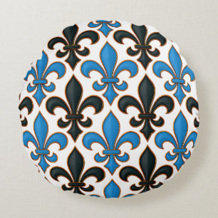 Blaue schwarze barocke Fleur-de-lis-Musterdesign Rundes Kissen