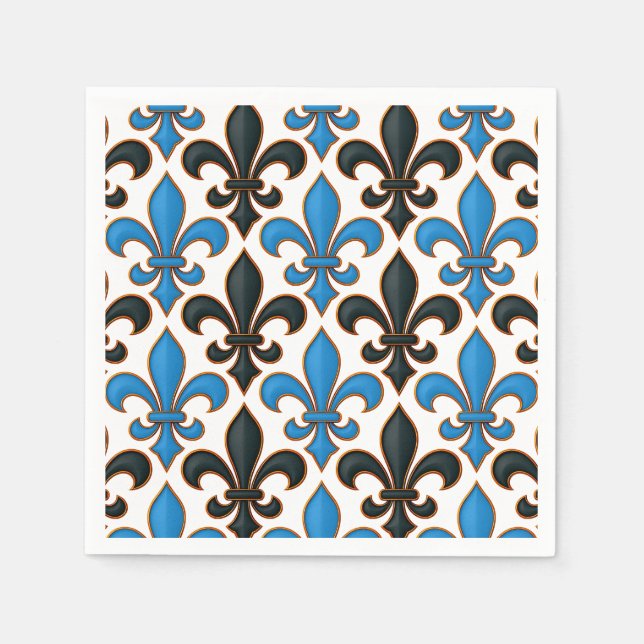 Blaue schwarze barocke Fleur-de-lis-Musterdesign  Serviette (Vorderseite)