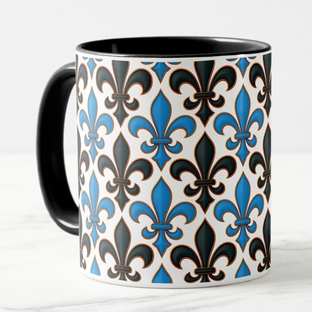 Blaue schwarze barocke Fleur-de-lis-Musterdesign  Tasse (Von Creator hochgeladen)