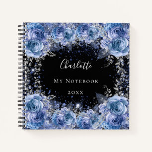 Blaue schwarze Blume Glitzer Name glamourös Notizbuch