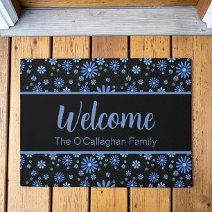 Blaue & schwarze Blumenkraft Retro-Blumen Fußmatte