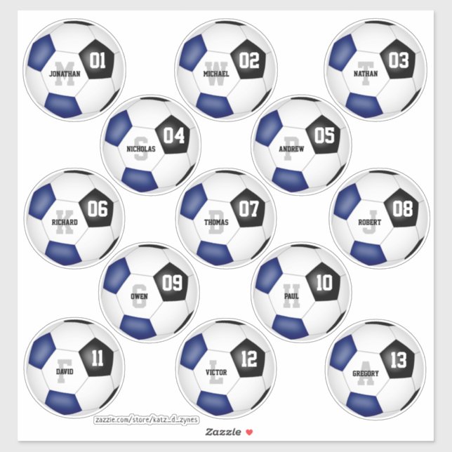 Blaue schwarze Fußballmannschaft - 13 Spielernamen Aufkleber (Blatt)