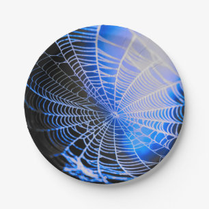 Blaue schwarze gruselige unheimliche Spinnennetz Pappteller