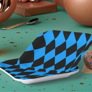 Blaue schwarze Harlekin-Diamanten-Damengitter-Desi Pappteller