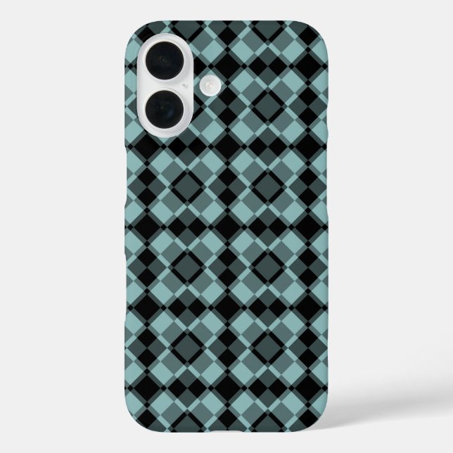 Blaue schwarze Karo-Argyle-Muster iPhone 16 Hülle (Rückseite)