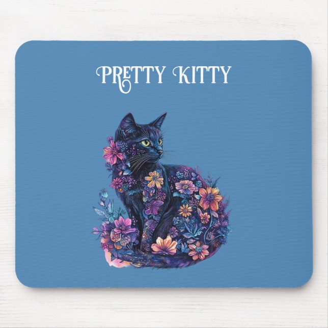 Blaue schwarze Katzenblumen hübsche Katze Mousepad (Vorne)